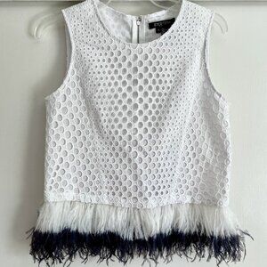 Etcetera Lavish Feather Trim White Top Blouse Size 2 Sleeveless Lined Tank